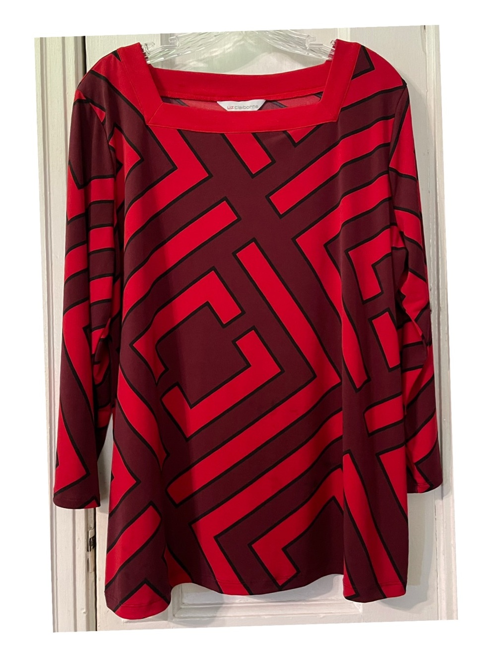Liz Claiborne Red and Burgundy Geometric Boatneck Tunic